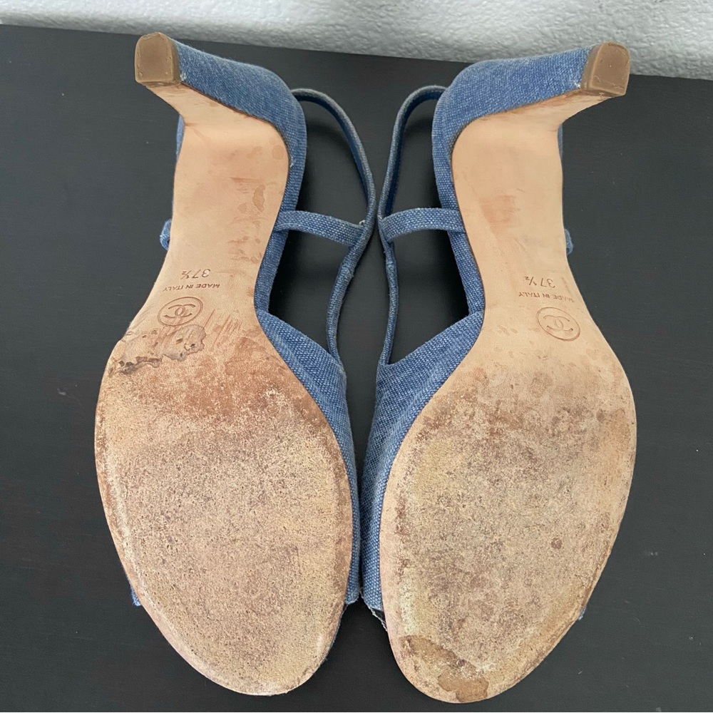 CHANEL Denim Camellia CC Logo Sandals Heels Open Toe Slingback 37.5 - Picture 15 of 16